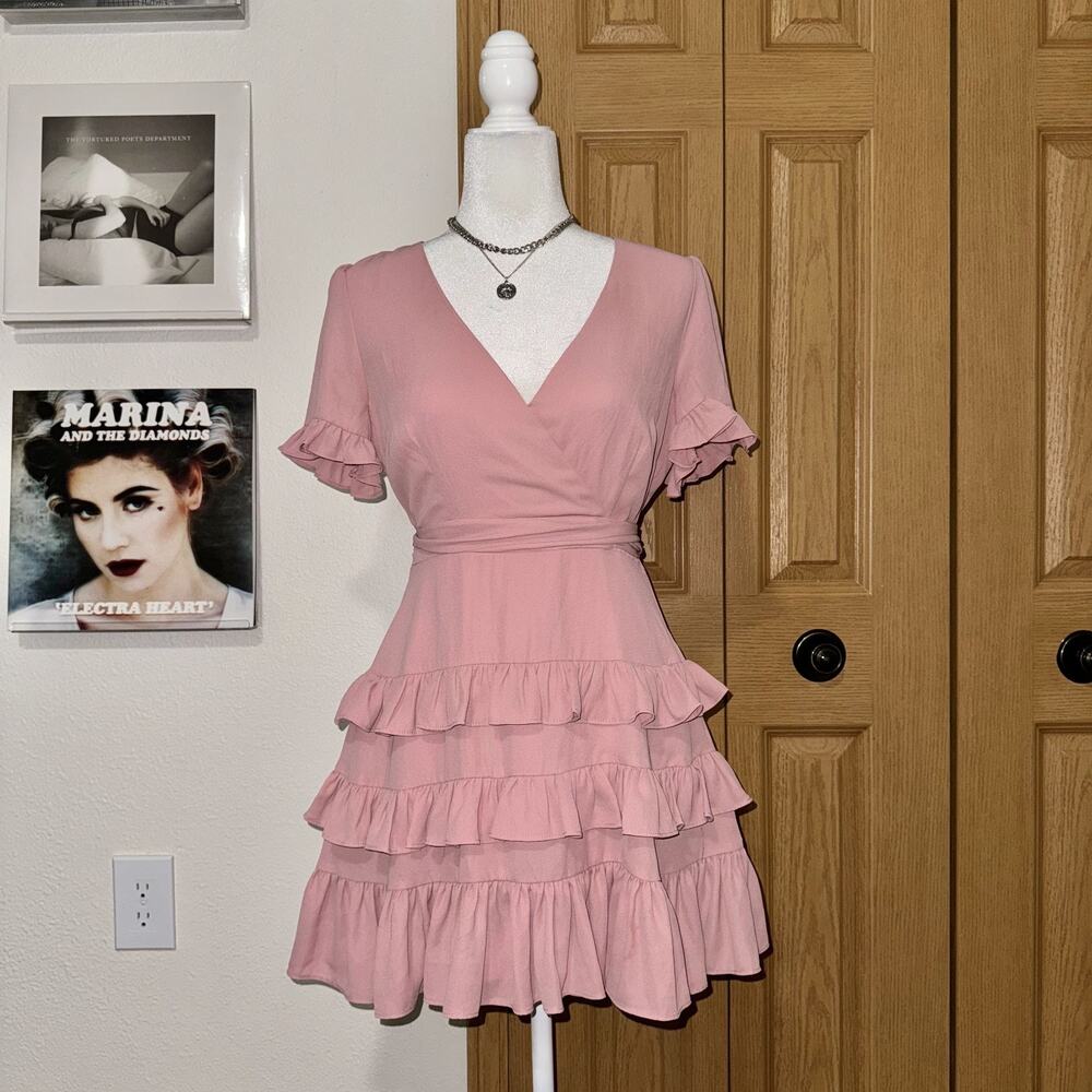 Lulus Feeling Butterflies Ruffled Side-Tie Mini Dress Womens Small Mauve Pink